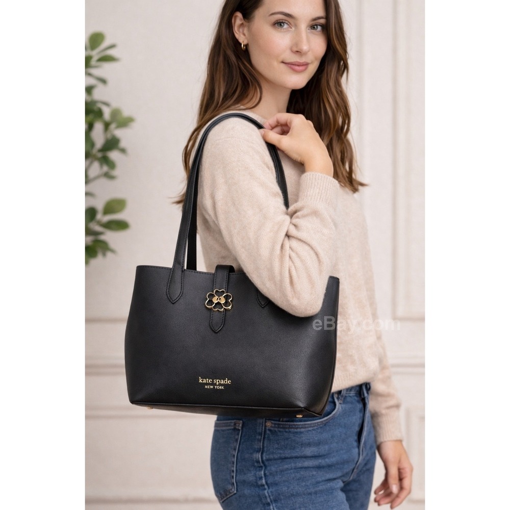 Kate Spade New York Black Leather Tote Shoulder Bag Pink Interior